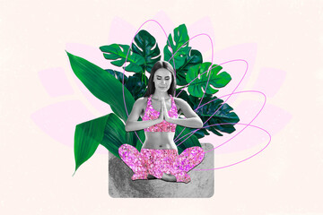 Horizontal creative photo collage of calm mindful woman sitting do yoga meditating plants balance...