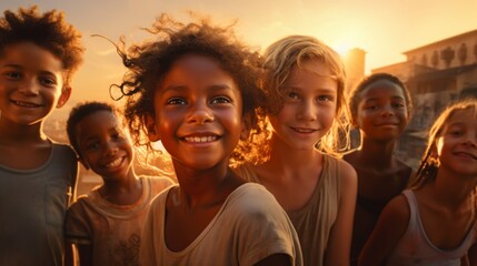 a realistic image, Kodak, golden hour light, enthusiastic children and young people . children from a third world country - obrazy, fototapety, plakaty
