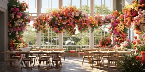 Fototapeta na wymiar Flower-filled, roomy dining area.