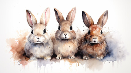 Obraz premium a group of watercolor rabbits isolated on a white background, illustration for children