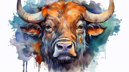 bull, watercolor portrait of a buffalo, spots of liquid paint isolated on a white background