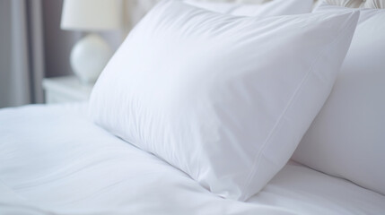 Fototapeta na wymiar white clean pillow on bed in bedroom