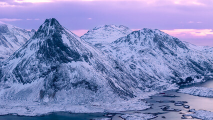 Taken during the snow-covered winter season on the Norwegian Lofoten islands