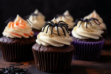 Halloween-themed cupcakes with cream frosting, shown in closeup. Generative AI