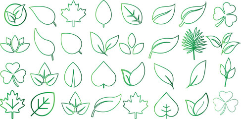Green leaf vector icons collection, diverse leaves shapes, eco friendly, nature-themed designs. Perfect for logos, patterns, illustrations. Distinct plant elements, organic shapes, natural foliage