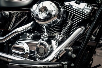 Silvery new motorcycle engine closeup. Metallic radiant motorbike machinery gear. Generate ai