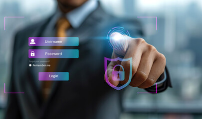 Business people scanning with fingerprint technology digital programs futuristic, finger scanning, privacy, password, cyber security, cloud online technology to protect client IT lock icon.security