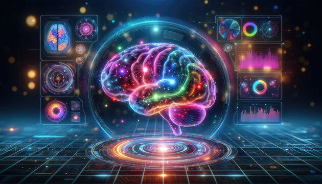 A highly detailed futuristic visualization of brain activity analysis, with glowing neural networks and advanced data analytics charts.
