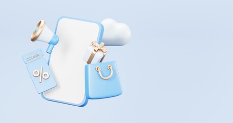 3d rendering of promotion sale with gifts and bag shoping , coupons, phone , on minimal blue gold background. flash sale , Mega sale special offer, discount sale podium .