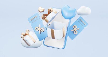 3d rendering of promotion sale with gifts and bag shoping , coupons, phone , on minimal blue gold background. flash sale , Mega sale special offer, discount sale podium .