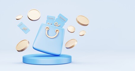 3d rendering of promotion sale with gifts and bag shoping , coupons, phone , on minimal blue gold background. flash sale , Mega sale special offer, discount sale podium .