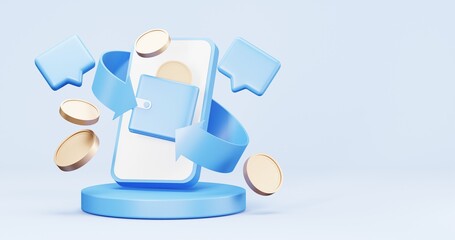 3d rendering of promotion sale with gifts and bag shoping , coupons, phone , on minimal blue gold background. flash sale , Mega sale special offer, discount sale podium .