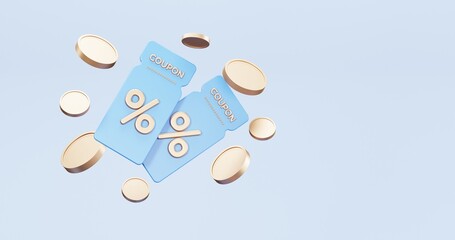 3d rendering of promotion sale with gifts and bag shoping , coupons, phone , on minimal blue gold background. flash sale , Mega sale special offer, discount sale podium .