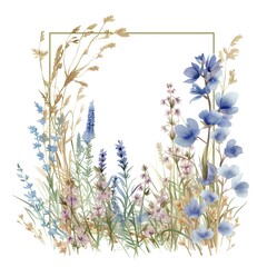 Watercolor rectangular frame with meadow plants