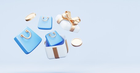 3d rendering of promotion sale with gifts and bag shoping , coupons, phone , on minimal blue gold background. flash sale , Mega sale special offer, discount sale podium .