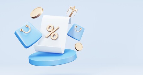 3d rendering of promotion sale with gifts and bag shoping , coupons, phone , on minimal blue gold background. flash sale , Mega sale special offer, discount sale podium .