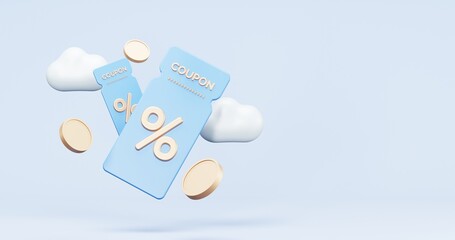 3d rendering of promotion sale with gifts and bag shoping , coupons, phone , on minimal blue gold background. flash sale , Mega sale special offer, discount sale podium .