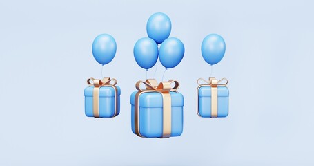 3d rendering of promotion sale with gifts and bag shoping , coupons, phone , on minimal blue gold background. flash sale , Mega sale special offer, discount sale podium .