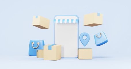 Obraz premium 3d rendering of promotion sale with gifts and bag shoping , coupons, phone , on minimal blue gold background. flash sale , Mega sale special offer, discount sale podium .