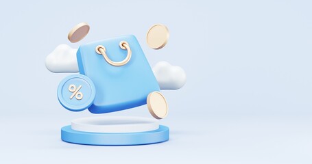 3d rendering of promotion sale with gifts and bag shoping , coupons, phone , on minimal blue gold background. flash sale , Mega sale special offer, discount sale podium .