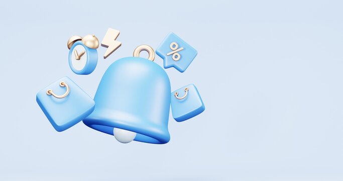 3d rendering of promotion sale with gifts and bag shoping , coupons, phone , on minimal blue gold background. flash sale , Mega sale special offer, discount sale podium .