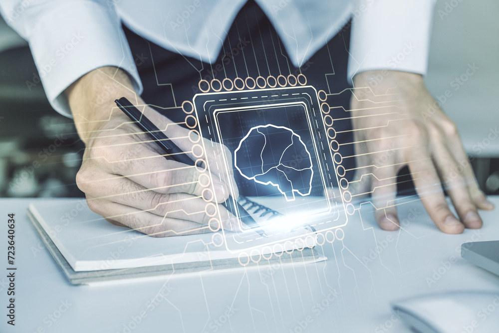 Poster double exposure of creative human brain microcircuit with hand writing in notepad on background with
