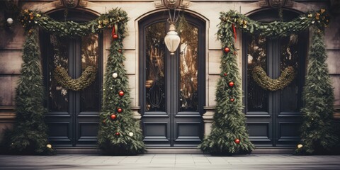 Christmas and New Year decor featuring a beautiful adorned facade with spruce wreaths, focused.