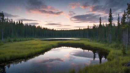 Fototapeta na wymiar Northern boreal forest with a small lake, twilight. generative AI