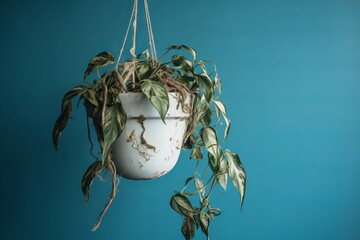 Neglected dying plant. Hanging potted flower with dried leaves. Generate ai - obrazy, fototapety, plakaty