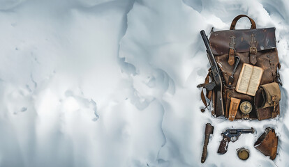 https://s.mj.run/qb5Lcx_h3lo A satchel from the 1800s full of survival items lies in the snow, compass, bible, canteen, pistol, viking axe --ar 15:26 --v 6 Job ID: 54ffcbe6-06c4-485f-88df-3865c63647ab