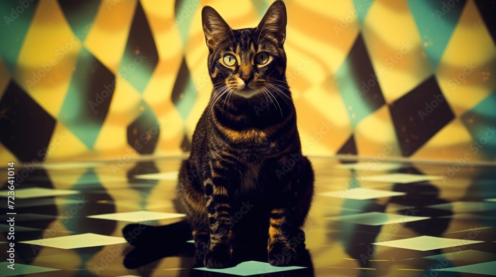 Poster a cat sitting on a checkered floor with colorful patterns, ai