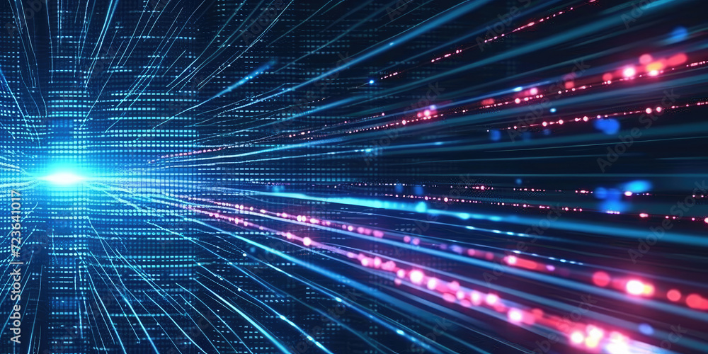 Aufkleber 3d rendering of abstract wire cable tunnel with digital binary data transmitting.blue glowing data c