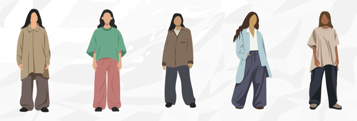 5 verschiedene Frauen Illustrationen ohne Gesicht mit Oversize Kleidung Vektor Grafik Bündel - obrazy, fototapety, plakaty