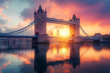 Tower Bridge at sunrise reflecting in the calm river water with a vibrant orange sky