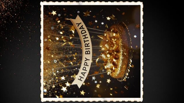 Vertical video with glamorous birthday wishes. The animated photo shows a golden birthday cake and the English text Happy Birthday. Glitter and bokeh are moving. Black photo cardboard with copy space.