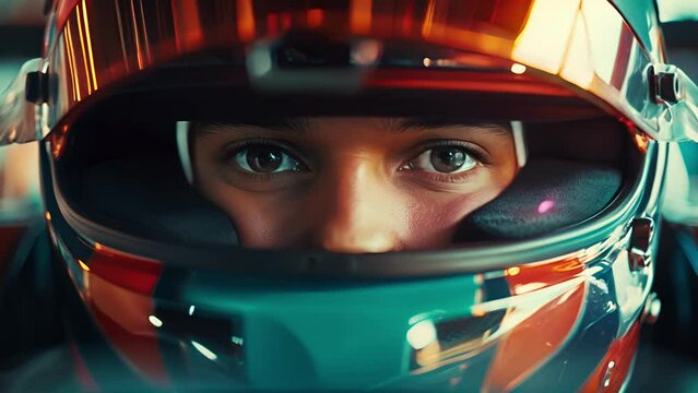 Closeup of the winning drivers intense gaze as they look around taking in the realization of their accomplishment.