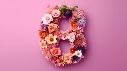 Number eight made of flowers on pink background. Women's day concept