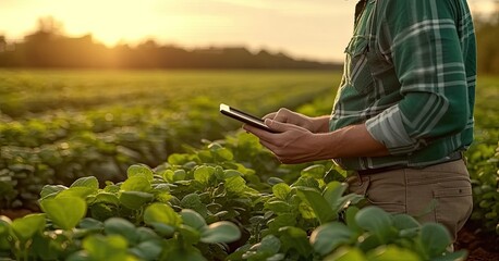 Farmer using tablet in field examining crop growth and quality. Modern scene with man holding digital device in green farmland. Agricultural worker in nature using smart technology for farming