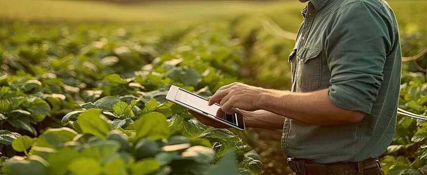Farmer using tablet in field examining crop growth and quality. Modern scene with man holding digital device in green farmland. Agricultural worker in nature using smart technology for farming