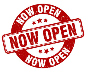 now open stamp. now open label. round grunge sign