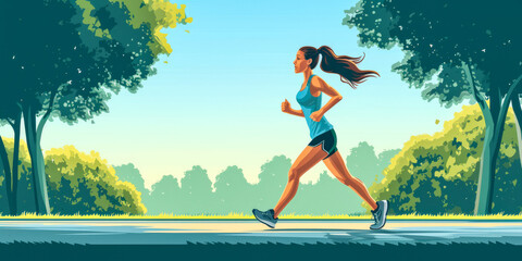 Illustration of a woman running outdoors in sports outfit. Banner image with copy space for text.