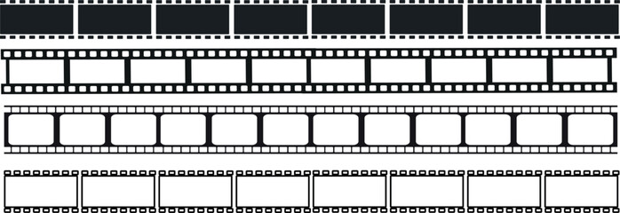 Vintage filmstrip illustration, detailed frames, sprocket holes. Black, white, negative space. Exposed, developed, unexposed, undeveloped film. Perfect for cinema, photography themes