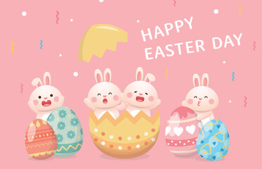Easter with cute playful rabbit mascot, colorful eggs, invitation card and poster, vector illustration