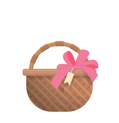 Fototapeta na wymiar Wicker basket with pink decorative ribbon, rustic and picnic with Easter elements, vector cartoon illustration or icon