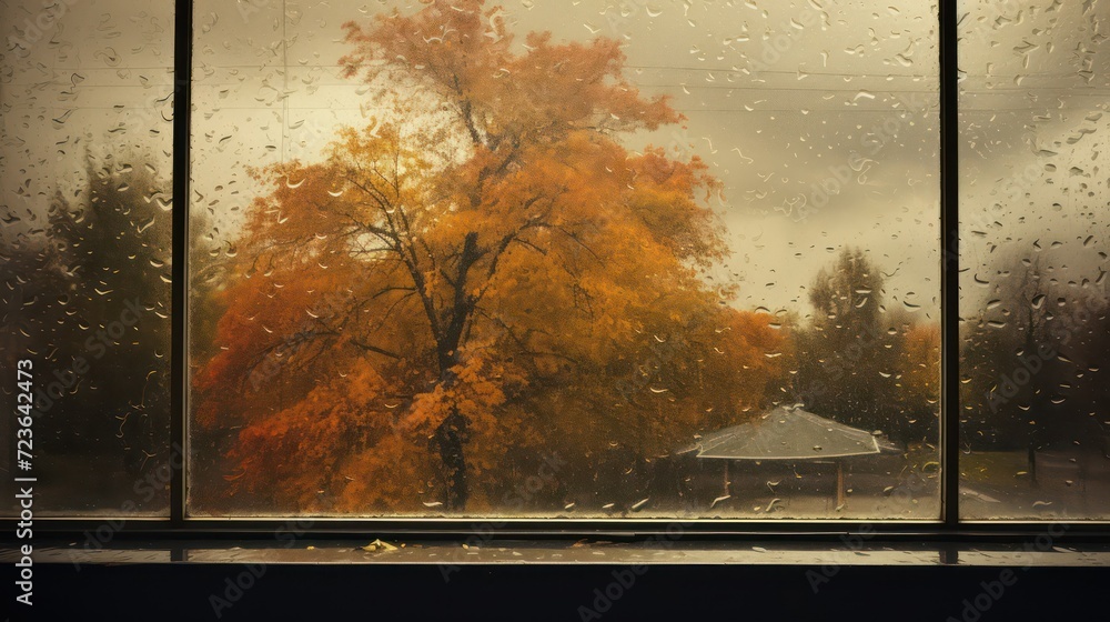 Poster window covered with rain drops on dull autumn day view of palm tree behind the outdo