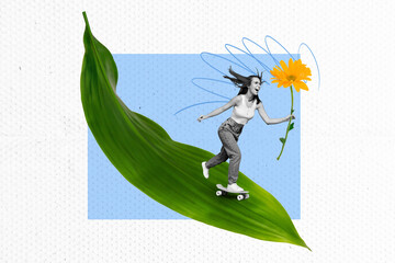 Collage creative poster black white effect charm lovely happy young lady ride skateboard leaf flower plant abstract exclusive template