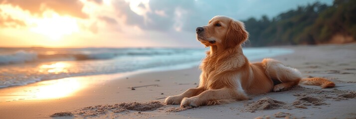 Golden Retriever Sitting On Sand Beach, Desktop Wallpaper Backgrounds, Background HD For Designer - obrazy, fototapety, plakaty