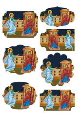 Annunciation to the Blessed Virgin Mary. Deep blue religious gift tags in Byzantine style on white background