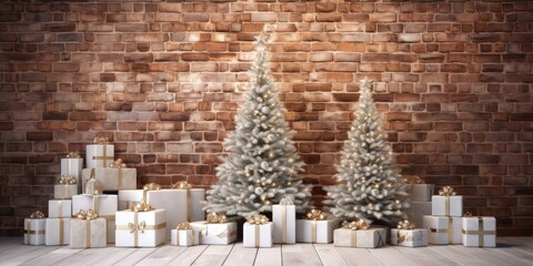 Festive brick wall backdrop with white decorations, fir trees, and boxes. Loft-style Christmas and New Year.