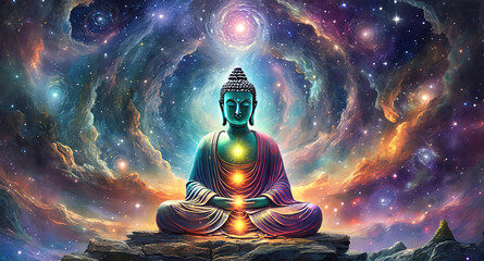 Eyecatching Spiritual background for meditation with buddha statue with galaxy universe background - obrazy, fototapety, plakaty